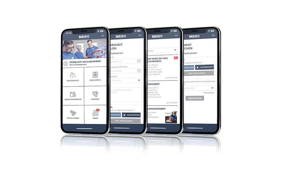 Vier Smartphones nebeneinander mit Ansichten der MEK App auf jedem Bildschirm, die verschiedene Funktionen der App zeigen.