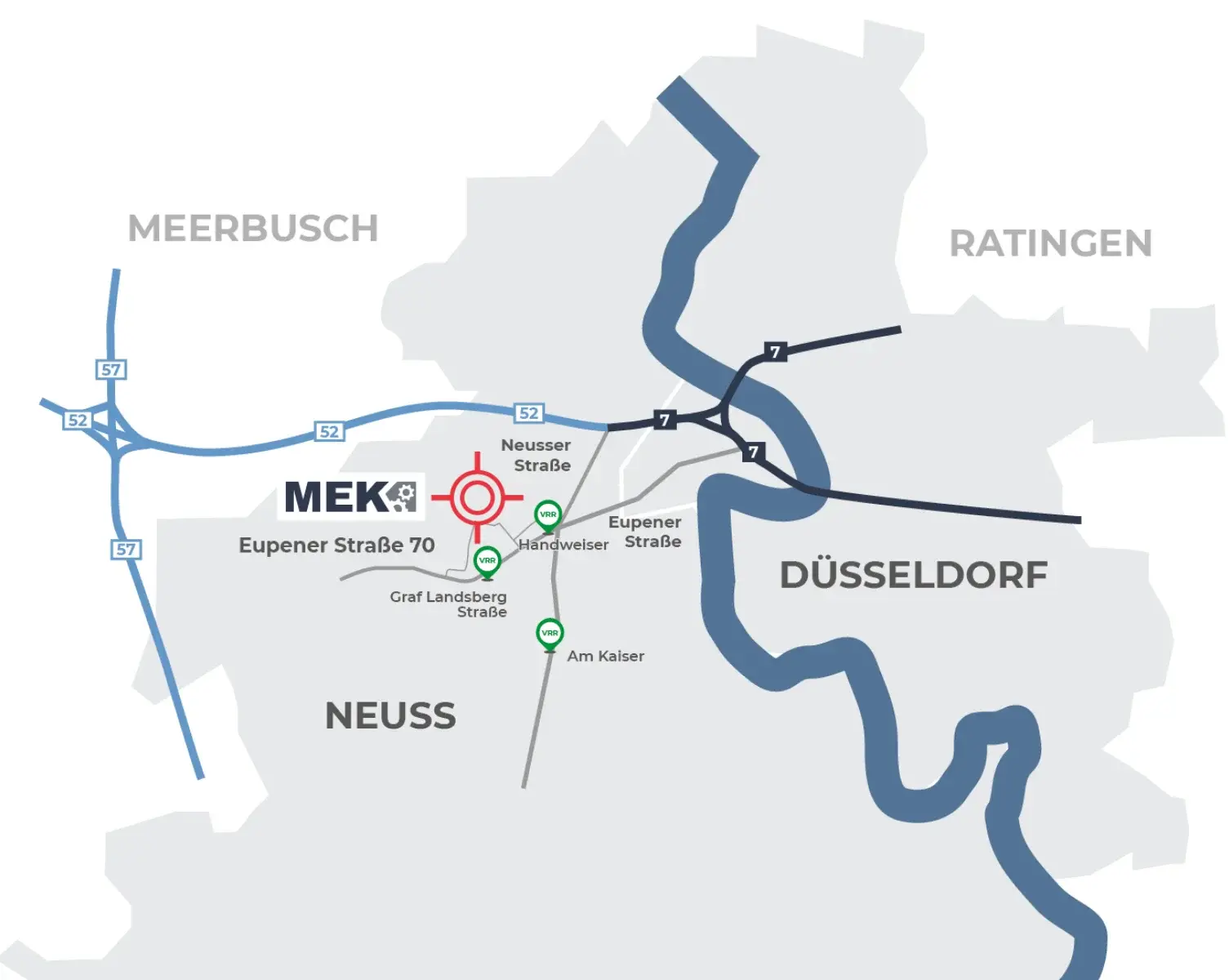 Umgebungskarte von Düsseldorf/Neuss, mit Markierung des Standorts der MEK GmbH und wichtigen Verkehrsinfrastrukturen wie Autobahnen und Bahnhöfen.
