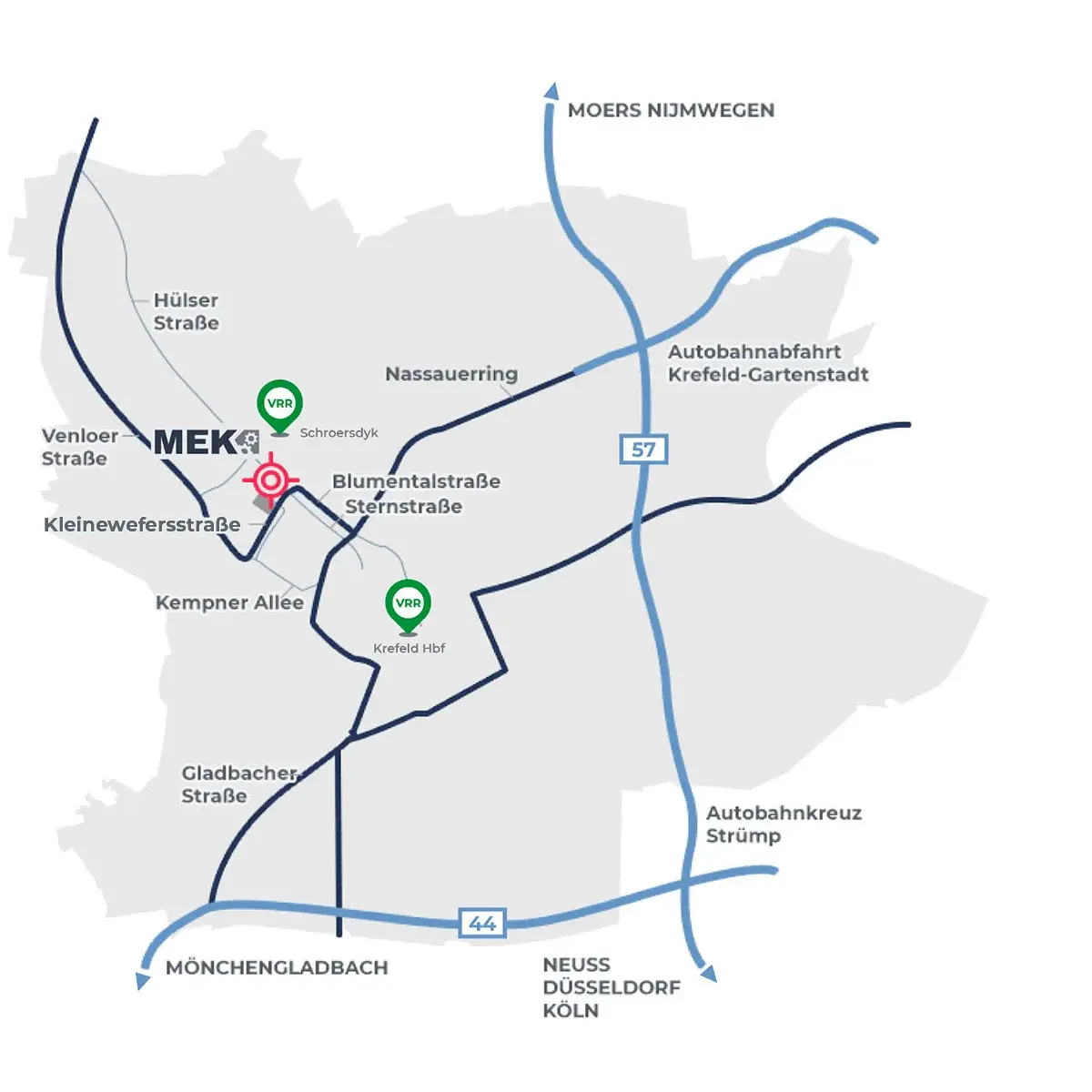 Umgebungskarte von Krefeld, mit Markierung des Standorts der MEK GmbH und wichtigen Verkehrsanbindungen wie Autobahnen und Bahnhöfen.