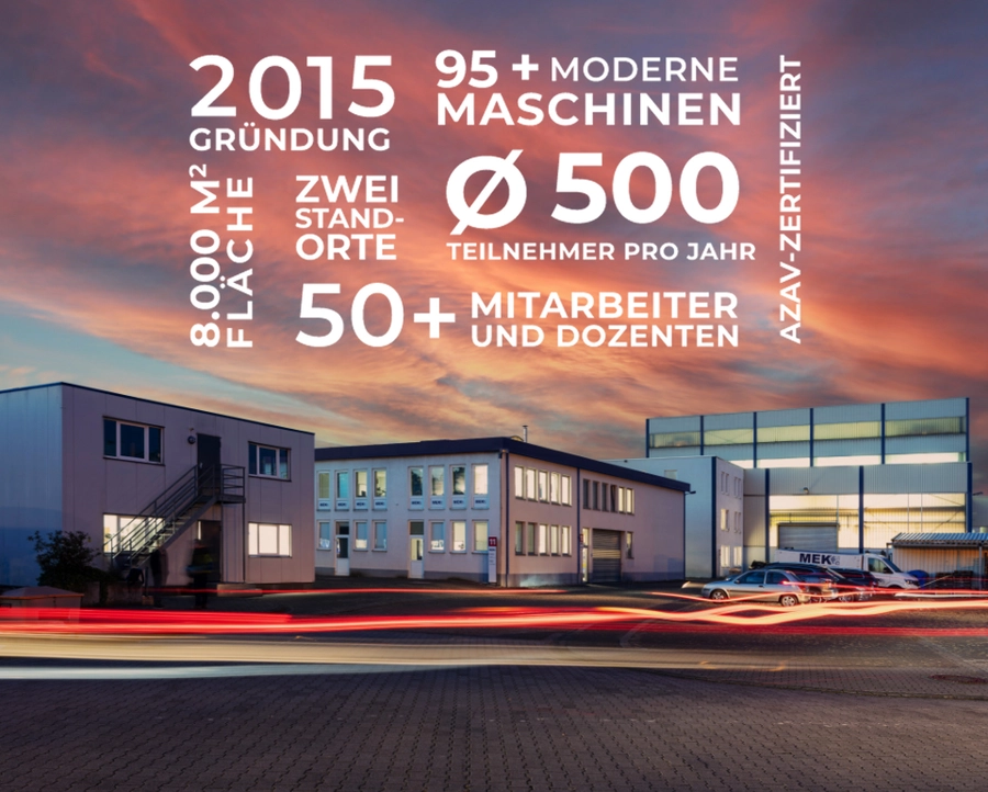 Werksgelände des Unternehmens mit eingeblendeten Zahlen, Daten und Fakten, die einen Überblick über die Größe und Infrastruktur des Standorts bieten.